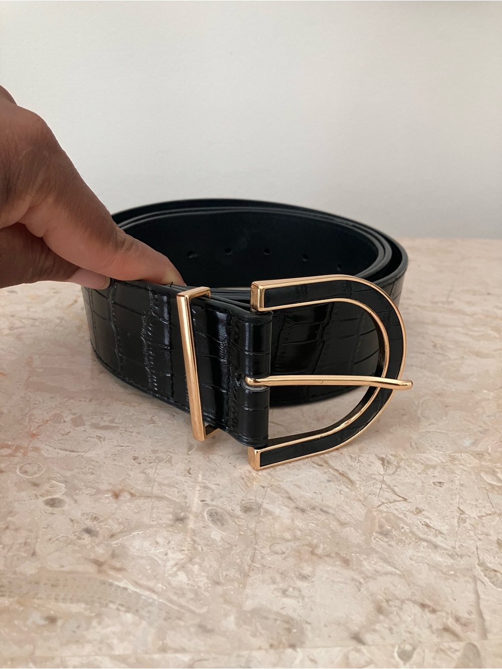 Lane Bryant Black Croc-Embossed Belt with Gold D-Ring Buckle - 53 inches